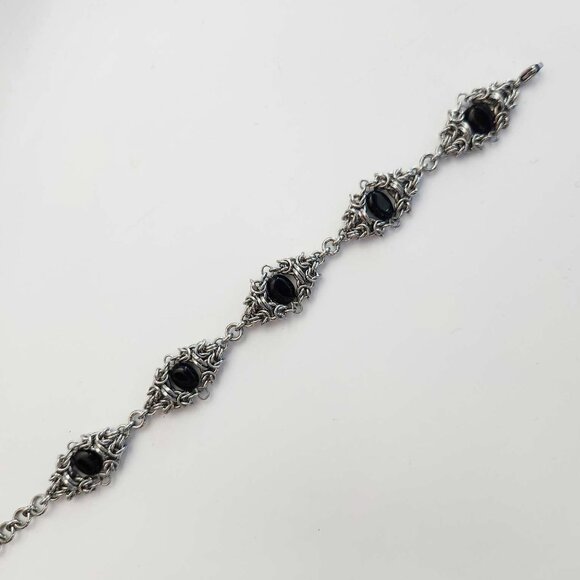 Vintage gothic black onyx chain mail bracelet ✦ Victorian Vampire style ✦ - Picture 7 of 12